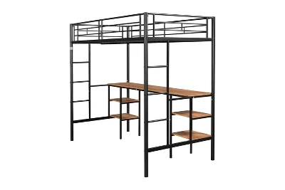 Metal Twin Size Low Loft Bed With Storage Shelf And Table, Black - ModernLuxe - Image 7