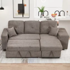 95" Pull Out Sleeper Sofa, Reversible L-Shape Sectional Couch With Storage Chaise And 2 Stools-ModernLuxe