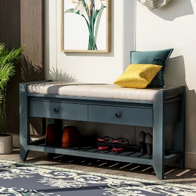 Entryway Storage Bench With Cushioned Seat, Shoe Rack And Drawers-ModernLuxe - Image 8