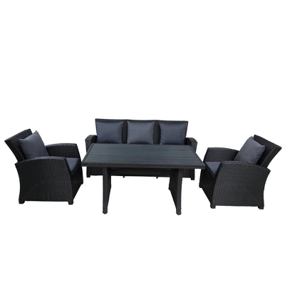 4 PCS Outdoor Rattan Conversation Set, Patio Sofa Seating Group With Cushions, Black-ModernLuxe