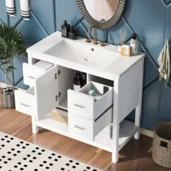 36" White Modern Bathroom Vanity With USB, 3 Drawers, 1 Door And Single Sink - ModernLuxe