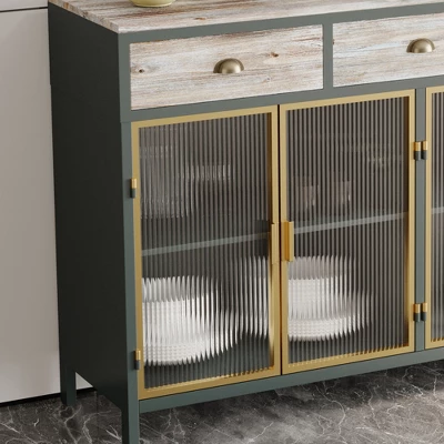 47.6" Modern Freestanding 4 Glass Door Sideboard With 3 Top Drawers, Natural - ModernLuxe - Image 7
