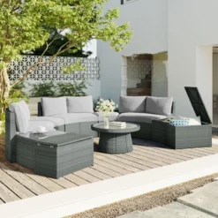 10 PCS Patio PE Rattan Half Round Conversation Set, Outdoor All-weather Wicker Sectional Sofa Set, Light Gray-ModernLuxe