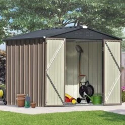 Patio 8ft X6ft Metal Storage Shed With Lockable Doors, Tool Cabinet With Vents And Foundation Frame-ModernLuxe