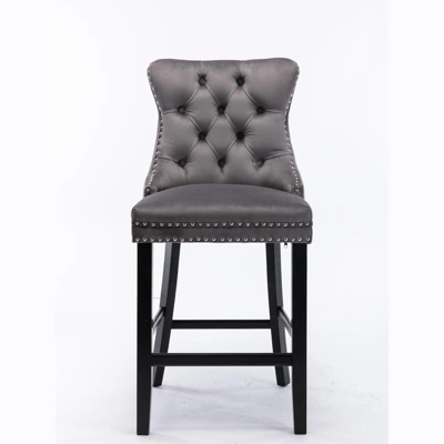 Set Of 2 Velvet Upholstered Barstools With Button Tufted Decoration, Chrome Nailhead Trim And Wooden Legs-ModernLuxe - Image 3