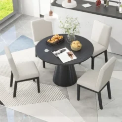 5 PCS Dining Table Set, Retro Round Table With 4 Upholstered Chairs-ModernLuxe