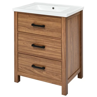24" Bathroom Vanity With Ceramic Basin Sink And 3 Drawers, Natural - ModernLuxe - Image 5