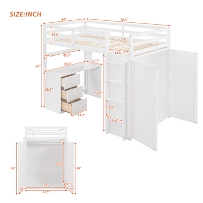 Twin Size Loft Bed With Drawers, Desk And Wardrobe-ModernLuxe - Image 2