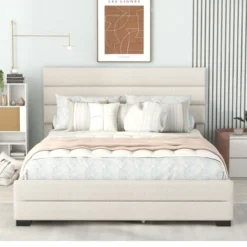 Queen Size Upholstered Platform Bed With Twin Size Trundle Bed And Two Drawers-ModernLuxe