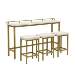 Modern 4-Piece Counter Height Extra Long Bar Kitchen Set With 3 Fabric Stools, Gold+Beige-ModernLuxe