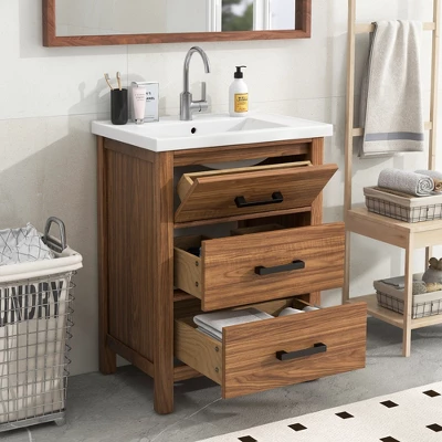 24" Bathroom Vanity With Ceramic Basin Sink And 3 Drawers, Natural - ModernLuxe