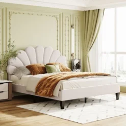 Upholstered Wood Platform Bed With Flower Pattern Velvet Headboard-ModernLuxe