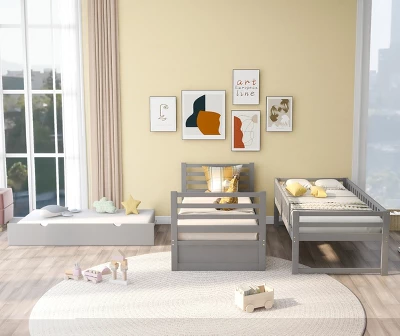 Twin Over Twin Wood Bunk Bed With Safety Rail And Movable Trundle-ModernLuxe - Image 5