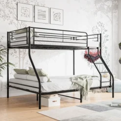 Twin-Over-Full Metal Bunk Bed With Ladder And Enhanced Upper-Level Guardrail, Black-ModernLuxe