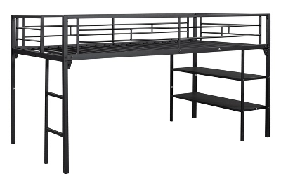 Metal Twin Size Low Loft Bed With Storage Shelf And Stairs, Black - ModernLuxe - Image 6