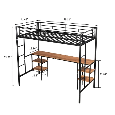 Metal Twin Size Low Loft Bed With Storage Shelf And Table, Black - ModernLuxe - Image 2