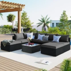 8PCS Patio PE Rattan Conversation Set, Outdoor Wicker Sectional Sofa With Table And Cushions-ModernLuxe