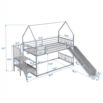 Twin Over Twin Metal Bunk Bed House Bed With Slide And Staircase-ModernLuxe - Image 3