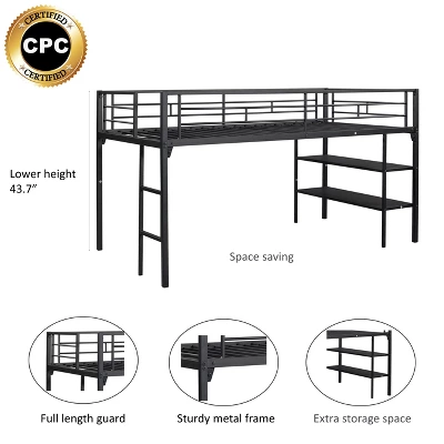 Metal Twin Size Low Loft Bed With Storage Shelf And Stairs, Black - ModernLuxe - Image 3
