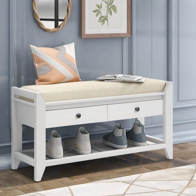Entryway Storage Bench With Cushioned Seat, Shoe Rack And Drawers-ModernLuxe - Image 11
