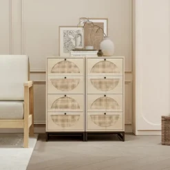Set Of 2, Natural Rattan Cabinets With 4 Drawers - ModernLuxe