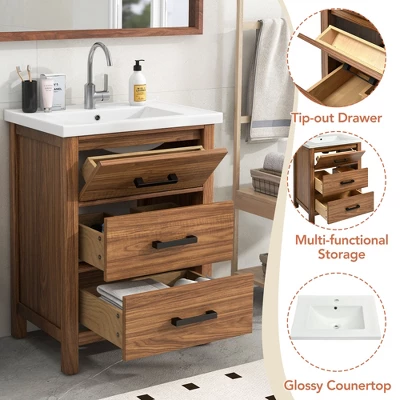 24" Bathroom Vanity With Ceramic Basin Sink And 3 Drawers, Natural - ModernLuxe - Image 8