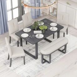 6 PCS Wood Dining Table Set With Retro-Style Table And Upholstered Chairs-ModernLuxe