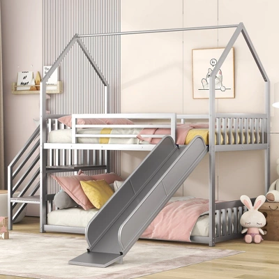 Twin Over Twin Metal Bunk Bed House Bed With Slide And Staircase-ModernLuxe - Image 2