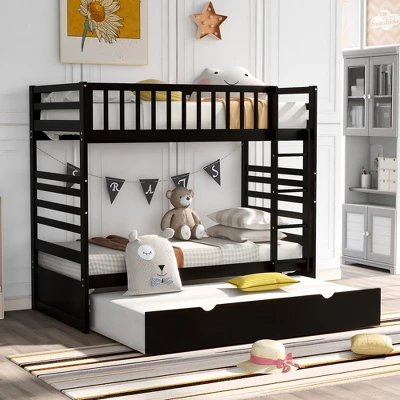 Twin Over Twin Wood Bunk Bed With Safety Rail And Movable Trundle-ModernLuxe - Image 16