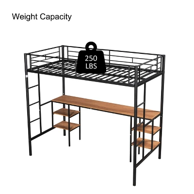 Metal Twin Size Low Loft Bed With Storage Shelf And Table, Black - ModernLuxe - Image 4