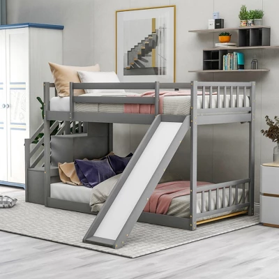 Twin Over Twin Bunk Bed With Convertible Slide And Stairway-ModernLuxe