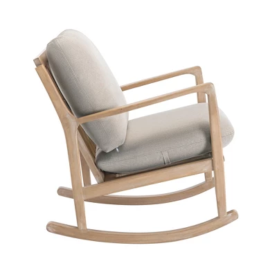 Solid Wood Rocking Chair Upholstered In Linen Fabric, Beige - ModernLuxe - Image 6