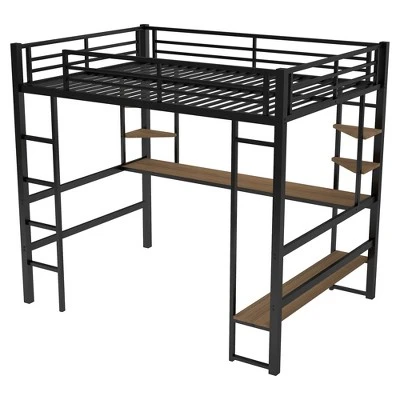 Full Size Metal Loft Bed With Long Desk And Shelves, Black - ModernLuxe - Image 6