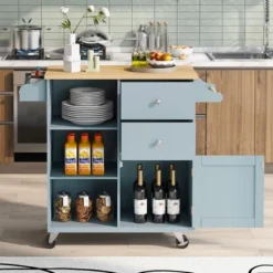 Rubberwood Countertop Kitchen Island, 4 Wheel Kitchen Trolley With Spice Rack, Towel Rack, 3 Open Shelves And 2 Drawers - ModernLuxe