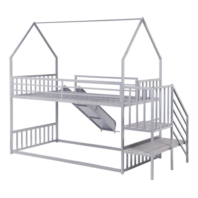 Twin Over Twin Metal Bunk Bed House Bed With Slide And Staircase-ModernLuxe - Image 8