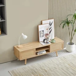 Rattan TV Stand, Entertainment Center With Sliding Doors, TV Console Cabinet With Adjustable Shelf, Natural-ModernLuxe