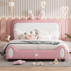 Full/Twin Size Upholstered Rabbit-Shape Princess Platform Bed, White+Pink-ModernLuxe