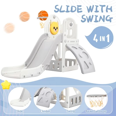 4 In 1 Kids Slide, Kids Playground Freestanding Climber And Slide Playset With Basketball Hoop For Toddlers - ModernLuxe
