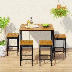 5-Piece Outdoor Patio Wicker Bar Set With Foldable Acacia Wood Top With 4 Stools And 1 Table,Brown - ModernLuxe