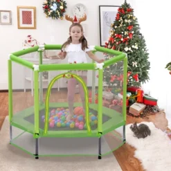 55'' Toddlers Indoor Outdoor Mini Trampoline With Safety Enclosure Net And Balls - ModernLuxe