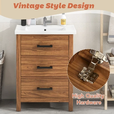24" Bathroom Vanity With Ceramic Basin Sink And 3 Drawers, Natural - ModernLuxe - Image 9