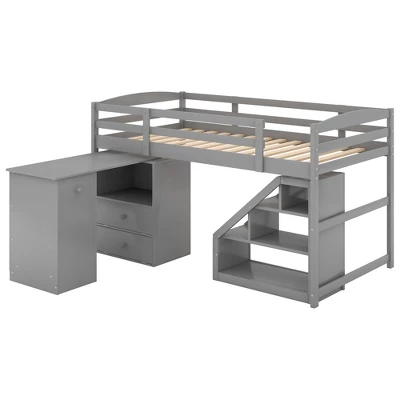 Twin Size Loft Bed With Multifunctional Movable Built-in Desk And Staircase-ModernLuxe - Image 3