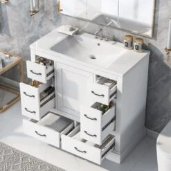 36" Bathroom Vanity With Ceramic Sink, 6 Drawers And Adjustable Shelves, White - ModernLuxe