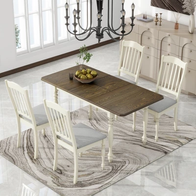 5 PCS Mid-Century Extendable Dining Table Set With 15inch Butterfly Leaf And 4 Upholstered Chairs-ModernLuxe
