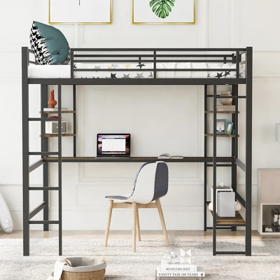 Full Size Metal Loft Bed With Long Desk And Shelves, Black - ModernLuxe
