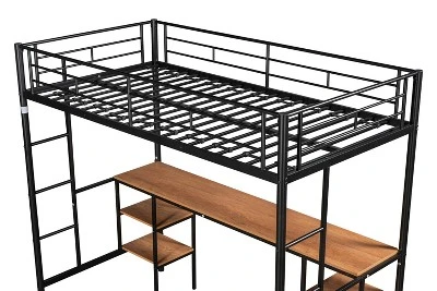 Metal Twin Size Low Loft Bed With Storage Shelf And Table, Black - ModernLuxe - Image 8