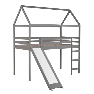 House Shape Twin Size Loft Bed With Slide, Gray - ModernLuxe - Image 3