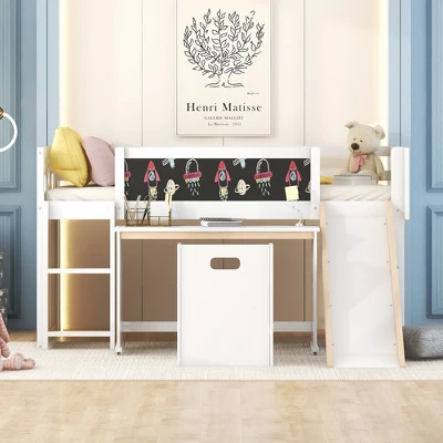 Wood Loft Bed With Slide, Cabinets, Blackboard, Desk And Chair-ModernLuxe - Image 2