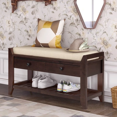 Entryway Storage Bench With Cushioned Seat, Shoe Rack And Drawers-ModernLuxe - Image 12