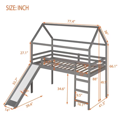 House Shape Twin Size Loft Bed With Slide, Gray - ModernLuxe - Image 2